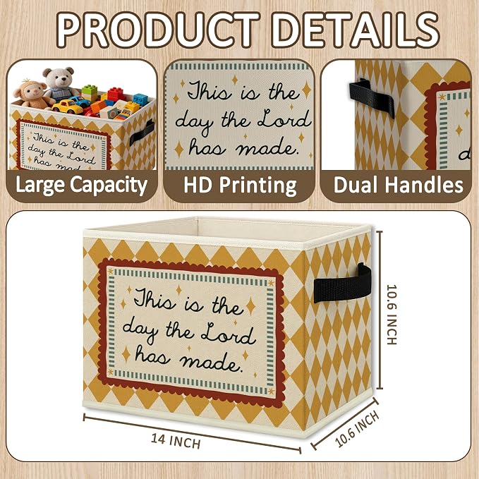 Christian Nursery Cube Storage Bins with Handles, Bible Verse Motivational Collapsible Fabric Storage Basket Boxes Books Clothes Organizer for Kids Boys Girls Room Bedroom Bathroom