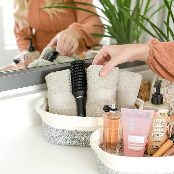 NaturalCozy 5-Piece Rectangle Storage Basket Set- Natural Cotton Rope Woven Baskets for Organizing! Small Basket for Montessori, Baby Nursery, Dog Toy Baskets, Cat Toy Box, Bathroom Organization Bin