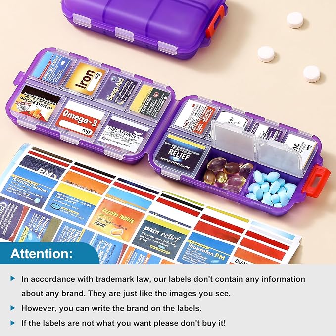 14 Grids Travel Pill Organizer Box with 415-Pcs Medicine Name Labels, Pocket Daily Pharmacy Case Container, Travel Medication Holder Dispenser Kit for Fish Oil Vitamin Supplement Storage -Clear Purple