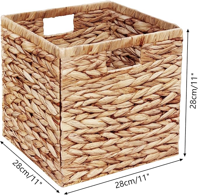 Vagusicc 11x11 Inch Water Hyacinth Storage Baskets Set of 2, Foldable Handwoven Wicker Storage Cubes with Handles for Laundry Organizer Bins for Home Bathroom Shelves & Decor