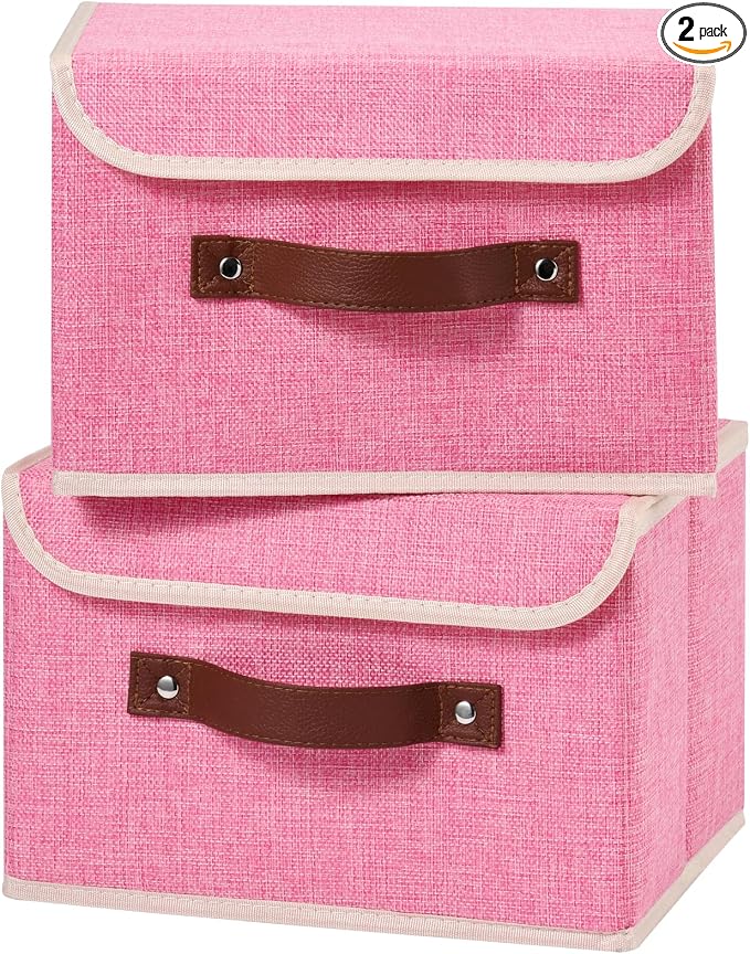 2PCS Storage Boxes with Lids Cotton Linen Fabric Bins Baskets | Decorative Collapsible Washable, Clothes Container Organizer for Closet Shelf, w/ Faux Leather Handles, Pink, Small