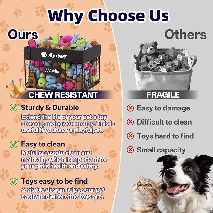 Kaiferty Indestructible Large Dog Toy basket, Chew-Proof Medium Toy Bin for Dogs, Pet Toy Bin Dog Metal Basket for Toys, Puppy Toy Storage Organizer Blankets, Toy Box for Living Room Area (Black)