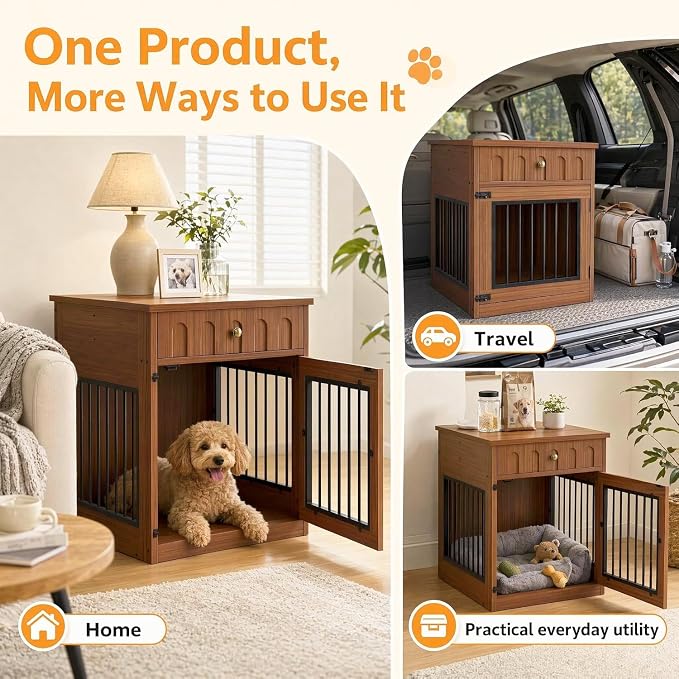 IRONCK 25.6" Wooden Dog Crate Furniture with Storage for Small Dogs | Drawer and flip top keep pet supplies tidy. Reinforced steel frame. Walnut finish for living rooms and hallways.