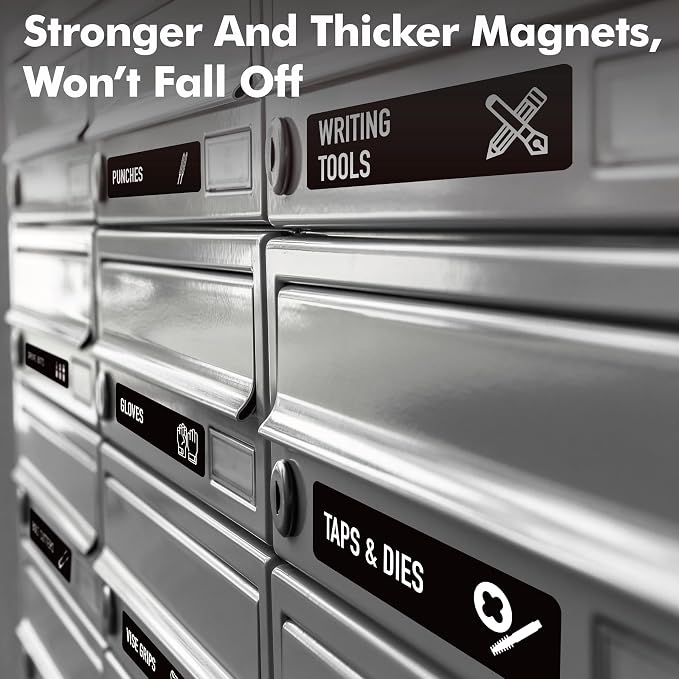 90 PCS Magnetic Toolbox Labels, 82 Pre-Printed & 8 Blanks Large Size Tool Chest Organizer Labels Strong Magnetic & Easy to Read Printing Fits All Brands of Steel Tool Box Drawers (Black, 3.5” x 1”)