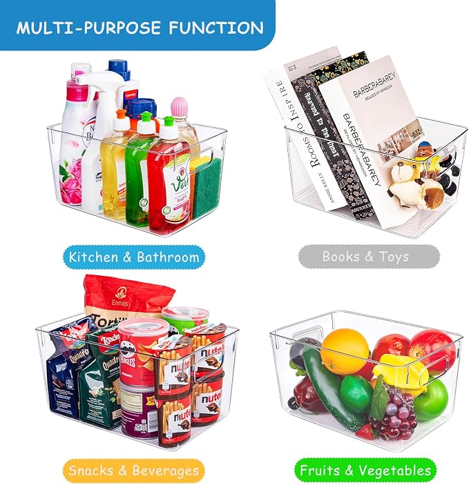 Set of 8 Pantry Organizers and Storage, Clear Plastic Bins(4L+4S) | BPA-free PETG storage containers with handles, ideal for kitchen, fridge, bathroom, cabinet, office, and dorm organization