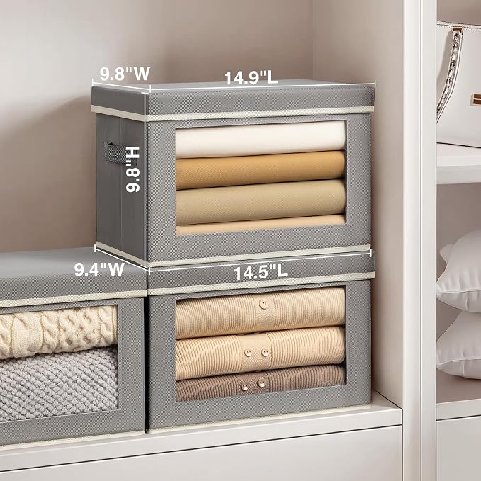 Storage Bins, Storage Baskets for Shelves with Window, Fabric Storage Bins with Handle, Foldable Storage Cubes Boxes for Organizing for Clothes, Towels, Books, 3 Pack, Grey
