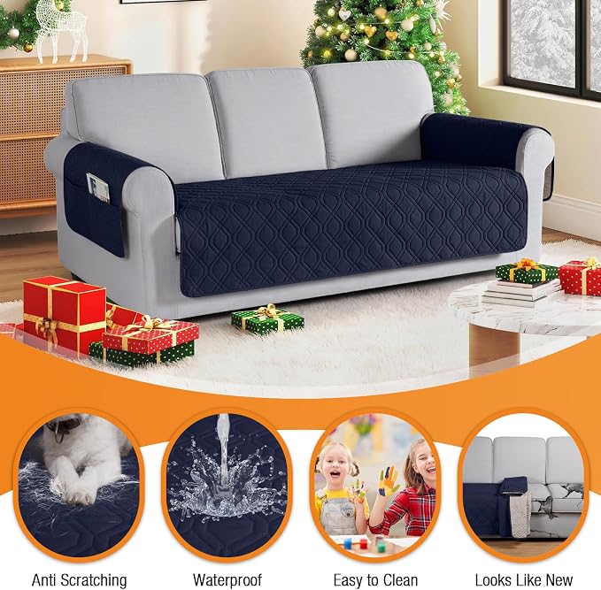 VANSOFY Waterproof Couch Cover for Pets, Dark Blue, 72.4" | Non-Slip, Washable, Utility Pockets, Pet Friendly, Furniture Protector Slipcover for 3 Cushion Plus Couch