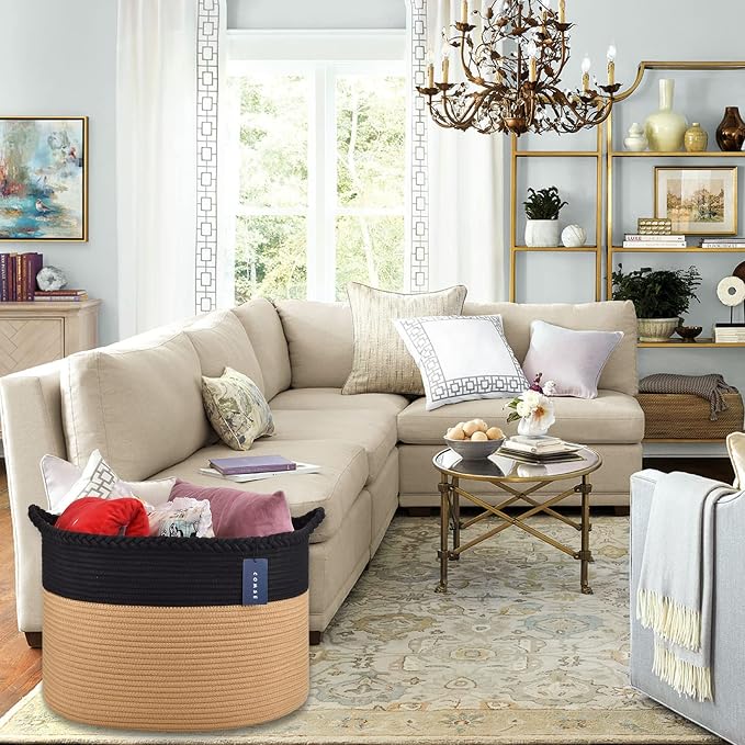 COMSE XXXLarge Woven Blanket & Laundry Basket, 87L, Black & Camel | 21.7" x 13.8", Cotton Rope, Nursery Hamper for Storage of Toys Clothes Towels, Ideal for Living Room Bedroom Bathroom