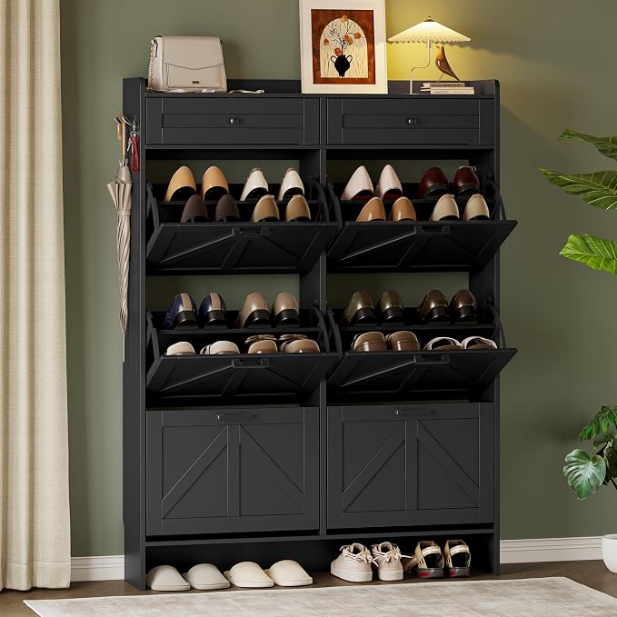 BORNOON Shoe Cabinet for Entryway, Farmhouse Shoe Storage Cabinet with 6 Flip Drawers and 2 Top Drawers, Tall Narrow Shoe Organizer Cabinet with Adjustable Shelves, Side Hooks and Anti-Tip Kit