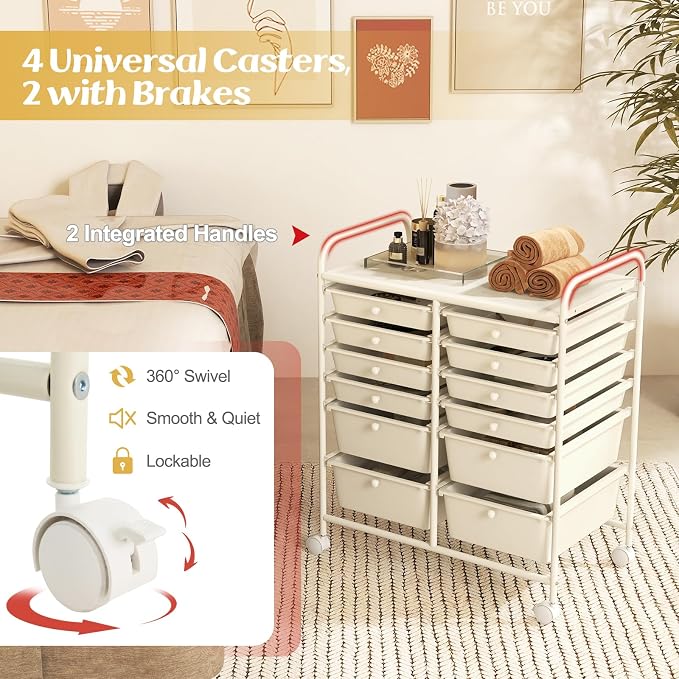 12 Drawer Rolling Storage Cart, Art Cart Organizer on Wheels, Mobile Utility Cart with Drawers, Multipurpose Craft Drawers for Home Office School Classroom (White)