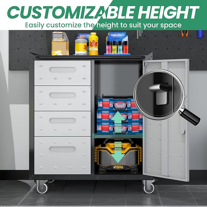 Garage Cabinets,Metal Garage Storage Cabinet with Wheels,Lockable Rolling Tool Cabinet with Drawer and Adjustable Shelves,Heavy Duty Tool Chest for Home Office Utility Room,Black/Grey