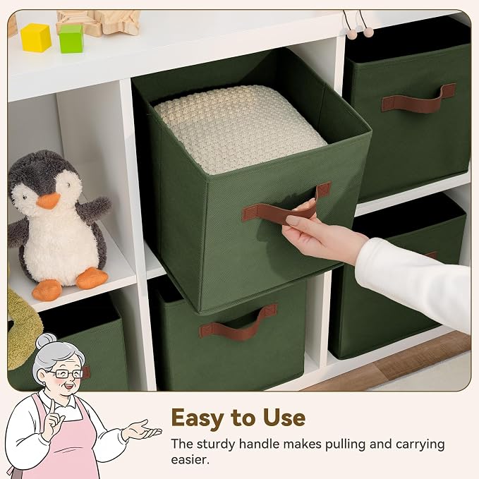 GRANNY SAYS 11 Inch Cube Storage Bins, Cube Organizer, Olive Green, 6-Pack | Collapsible Storage Boxes with Thickened Base Plate, Sturdy Handles, Decorative Baskets for Shelves, Closet