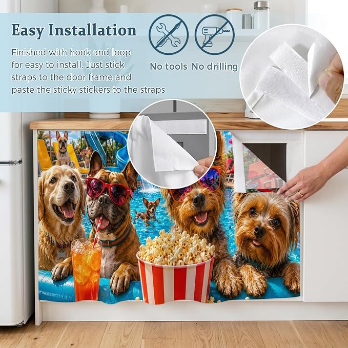 Summer Dog Cabinet Curtains 28"x51" Sink Skirt for Bathroom Kitchen, Summer Fantasy Pets Juice Popcorn Pool Country Self Stick Adhesive Under Desk Covers Tall Laundry Cabinet Storage Organizer