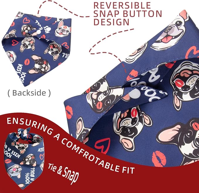 Holiday Dog Bandanas for Valentine's Day - Cute French Bulldog Pattern & Fun Lettering Costume Pet Scarf with Snap Button for Large & Extra Large Breeds 75lbs+