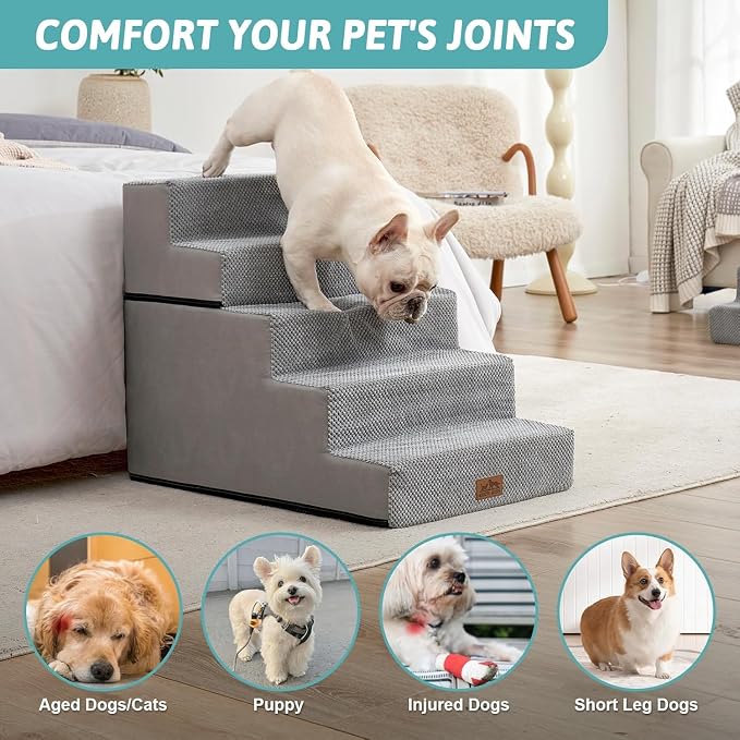 COZY KISS Dog Stairs for Small Dogs, 5 Step Pet Stairs for Beds & Couches | 23.6" Extra Wide Non-Slip Dog Steps with Removable Tiers & Support Board for Puppies, Older Cats & Dogs, Grey
