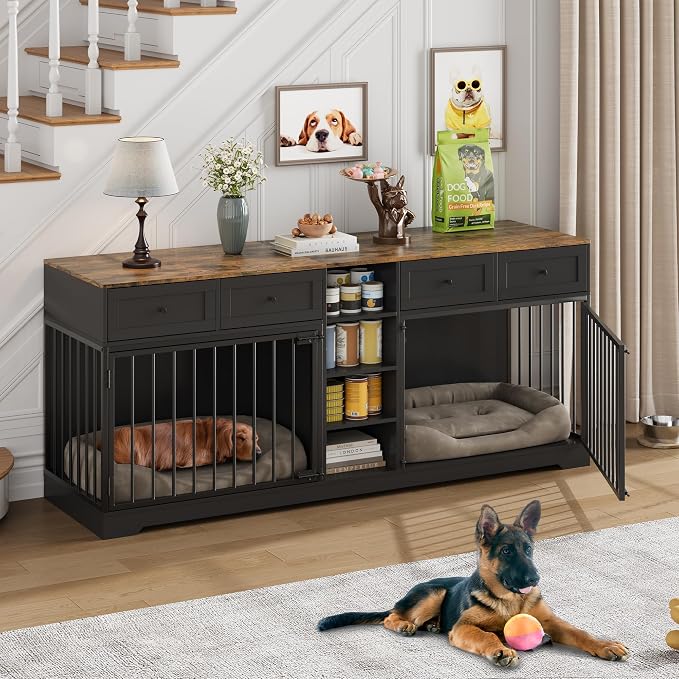 GarveeHome 82" Double Dog Crate Furniture with Drawers and Shelves, Black | Heavy Duty Wooden Dog Crate TV Stand, Large Dog Kennel Indoor for 2 Medium/Large Dogs