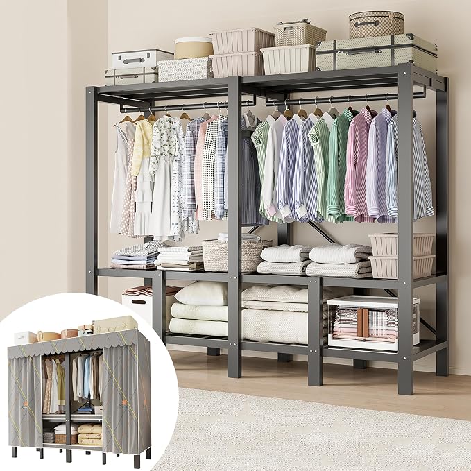 71in Heavy Duty Portable Closet with Cover, 1500lbs Foldable Covered Metal Clothing Wardrobe Closet System, Heavy Duty Garment Rack for Hanging Clothes, for Bedroom,Apartment,Rental Property,Gray