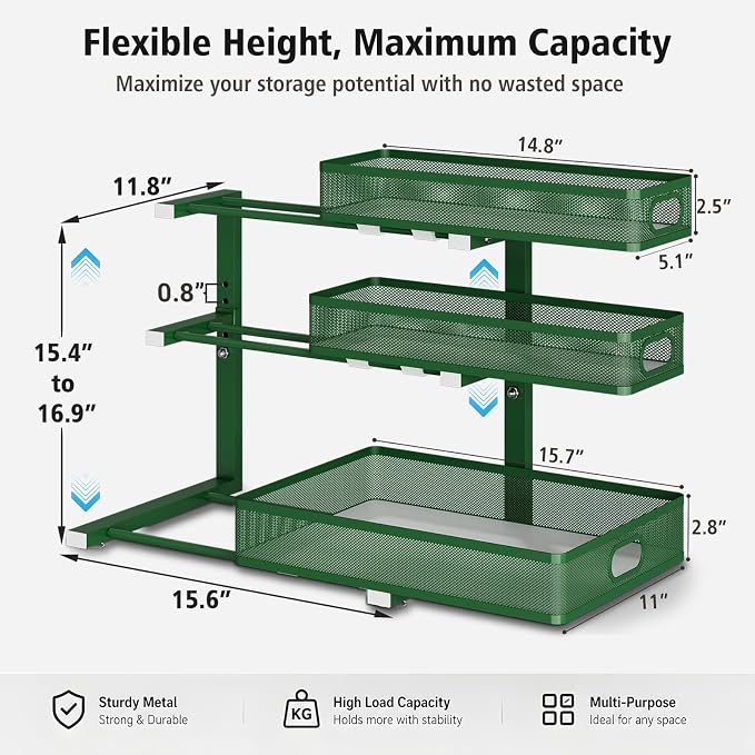 Under Sink Organizer, 3-Tier Sliding Drawers, 2-Pack Forest Green | 5 Height Adjustable, Pull Out Cabinet Storage Rack, Space Saving Metal Organizer for Kitchen, Bathroom, Laundry & Pantry