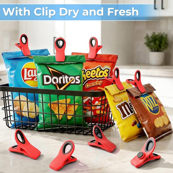 12 Pack Chip Clips, Bag Clips for Food, Magnetic Sealers for Chips and Other Food, Plastic Bag Clip for Kitchen, Fridge, Clothes, Sewing and Artwork (Red)