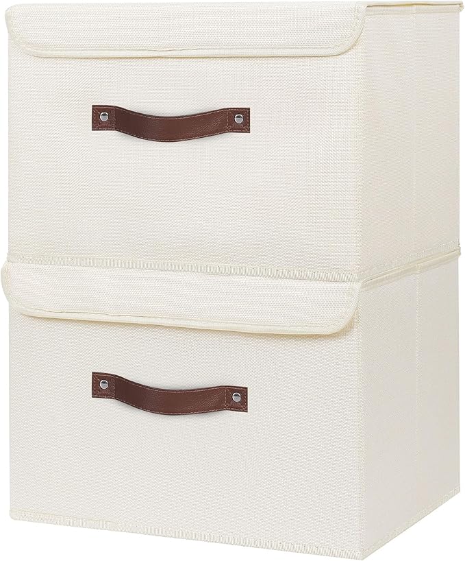 ANMINY Fabric Storage Box Bins with Lids, Beige, 13"x9"x7.9" | Keepsake Memory Storage, Cotton Linen, PP Board Reinforced, Washable, PU Handles, Foldable & Stackable, Decorative, Medium