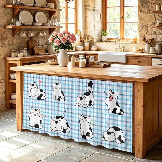 Cute Cat Sink Skirt for Bathroom, Self-Adhesive Under Sink Curtain, Modern Playful Pet Cats Blue Purple Plaid Hide Pipes & Storage Fabric Cabinet Skirt Cover for Kitchen Laundry 32"x55"