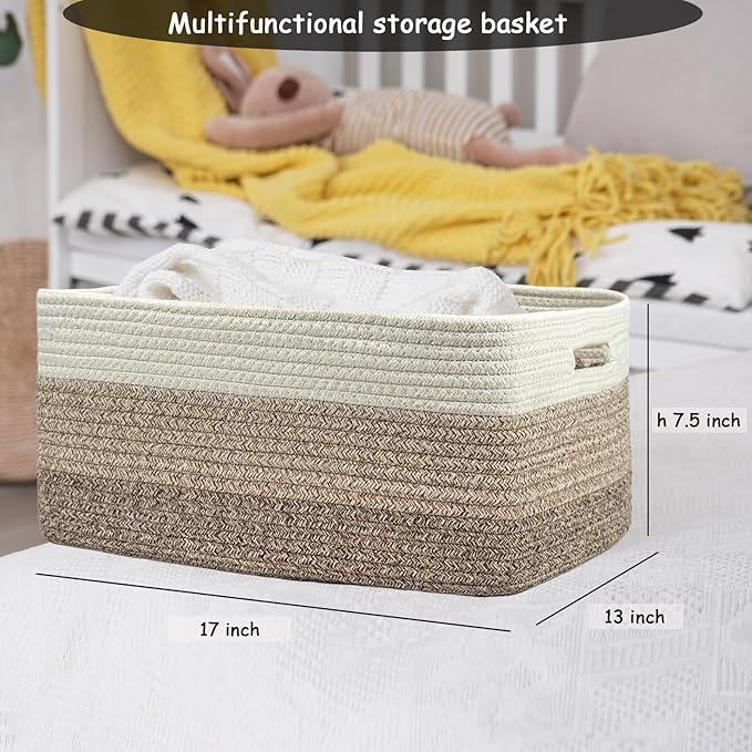 COMFY-HOMI Cotton Rope Woven Basket with Handles for Shelves,Toys,Book, Cloth Storage Baskets Bin for Organizing- 1 PCSToy Decorative Organizer for Living Room, Bathroom 17" x 13" x 7.5"