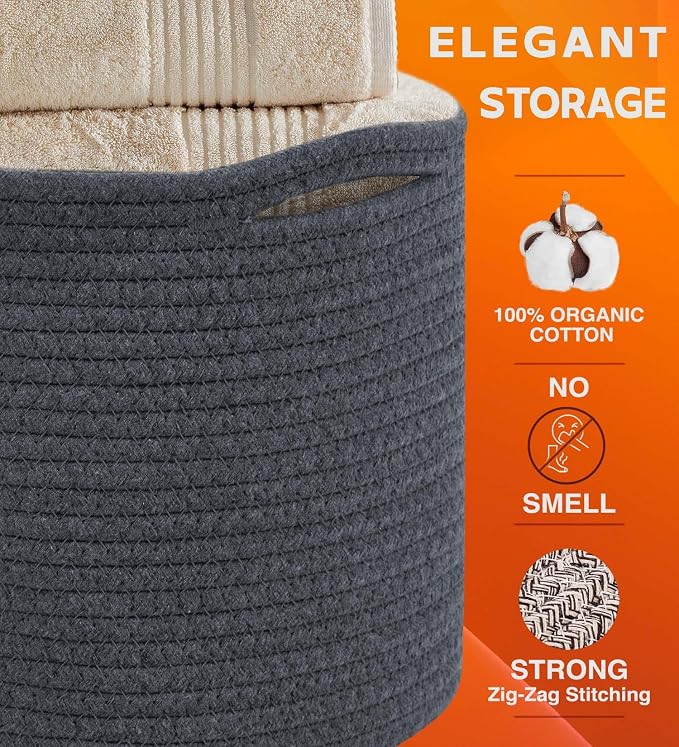 CHAT BLANC Cotton Rope Baskets for Organizing, Shelves, Toys, Storage, Shoe, Bathroom, Laundry, Towel, Nursery, Home Decor, Blanket, Cloth Woven Bins Fabric (Graphite, 15"x10"x9")