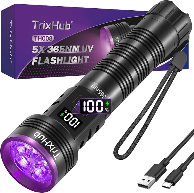 365nm 5xLED Blacklight UV Flashlight Rechargeable Powerful UV Light | LCD Display,Powerful Portable Ultraviolet Black Light for Pet Urine Detection, Home, Scorpions, Resin Curing, Leak