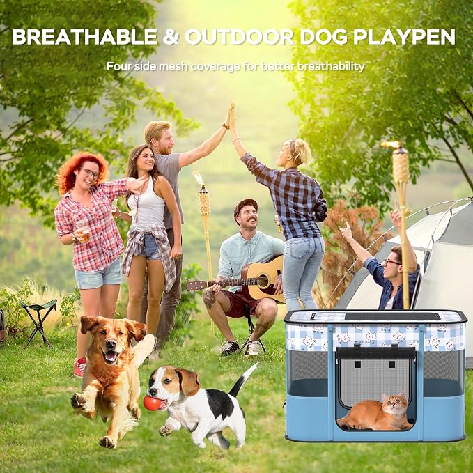 XRG Foldable Pet Playpen,Indoor Cat cage Puppy Crates L(35.4"x27.6"x23.6") | Portable Cat Kennel with Upgrade Breathable Mesh，Sturdy Kitten Playpen Indoor & Outdoor for Rabbit or Small Animals，Blue