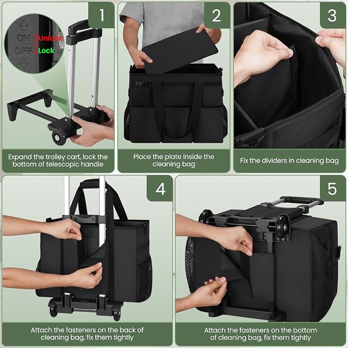 Large Rolling Cleaning Caddy with Detachable Trolley for Housekeeper | Large Capacity Cleaning Supply Organizer Bag with Wheels, Multiple Pockets, Water-resistant