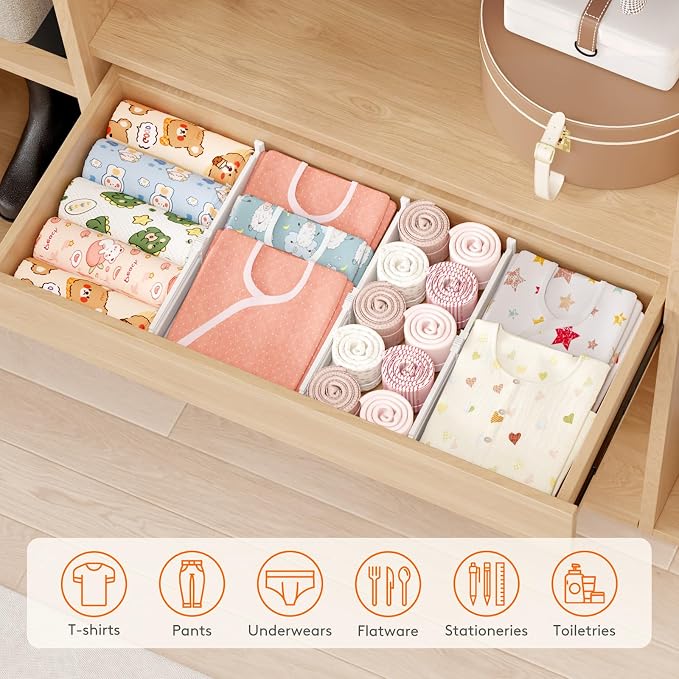 Lifewit 12 Pack 4" High Drawer Dividers, Adjustable Drawer Organizer Clothes | 10.5"-16.5" Expandable White Plastic Separators for Dresser, Kitchen, Cabinet, Nursery, Office, Socks & Underwear Storage