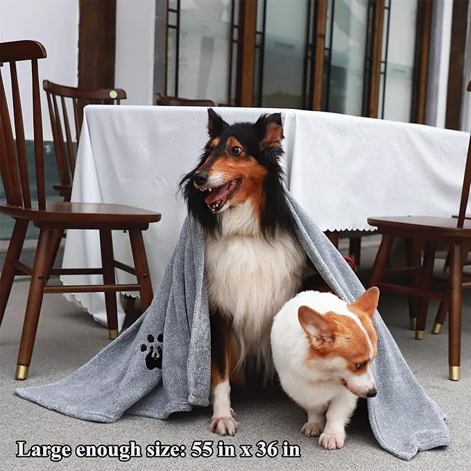 Dogvingpk Extra Large Dog Towel - Pack of 2 - Super Absorbent Soft Microfiber Pet Bath Grooming Towels for Drying Dogs and Other Pets (XL-55" * 36", Green and Gery)