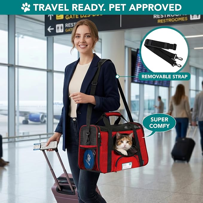PetAmi Airline Approved Pet Carrier for Cats & Small Dogs, Small, Red | Soft Sided TSA Travel Bag, Sherpa Bed, Breathable Mesh Ventilation, Collapsible Bowl, Fits Under Seat, Up to 18 lbs