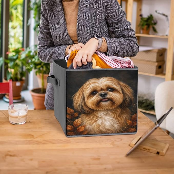 Shih Tzu Dog Portrait Autumn Leaves Storage Bin with Handles, Oxford Fabric Foldable Storage Cube Organizer for Clothes, Towels, Bedroom, Living Room, Home Organization