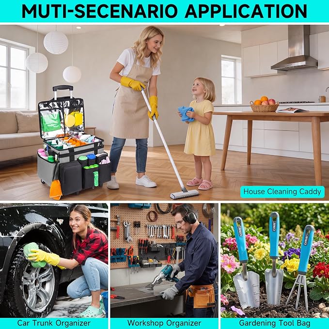 Cleaning Cadddy Bag with Rolling Cart, Large Cleaning Bag with Wheels | Cleaning Supplies Organizer with Detachable Trolley for Housekeepers, Housekeeping Cleaning Cart with Shoulder Strap & Handle