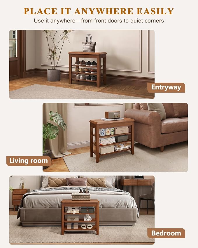 IUNVR Shoe Rack Bench Seat Rubberwood 3-Tier Wooden Storage Bench 550lbs Compact Mid-Century Modern Design for Entryway, Hallway, Closet, Front Door Entrance, Foyer