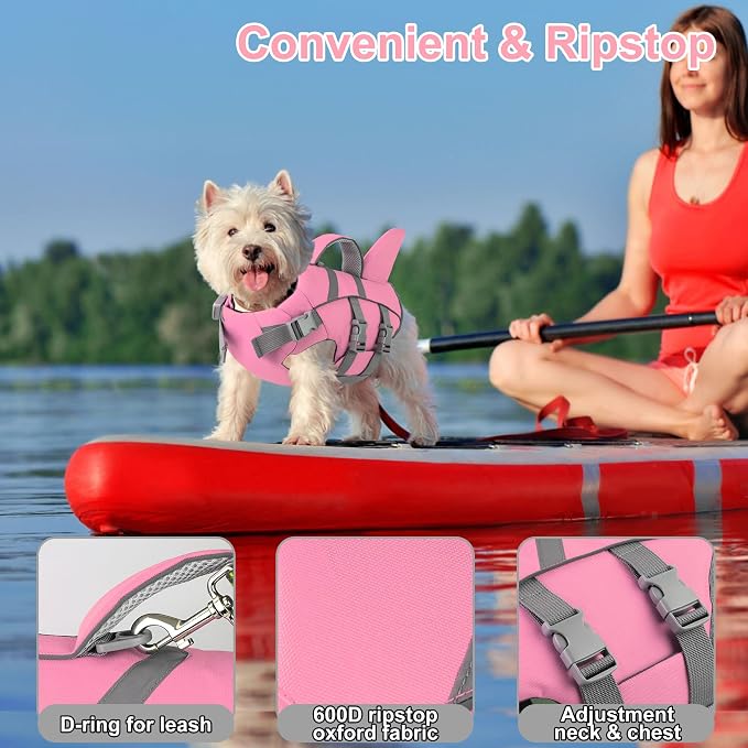 Dogcheer Dog Life Vest Shark, Life Jacket for Dogs, Swim Vest- Lt Pink,S | High Buoyancy Harness Puppy Flotation Vest with Handle & Leash Ring for Boating & Swimming, Reflective Visibility for Doggy