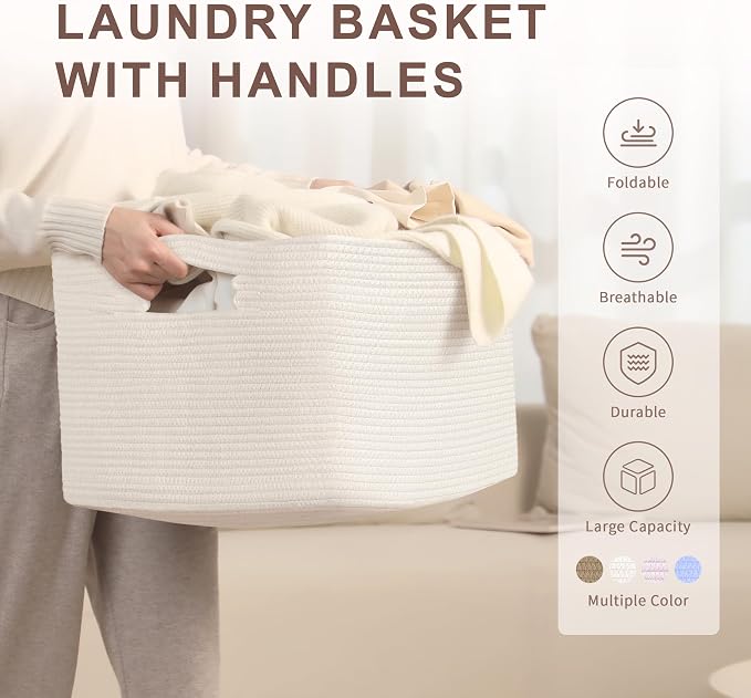 72L Large Woven Laundry Basket Hamper with Handles, White | collapsible wicker hamper, storage for dirty clothes, toys, blankets, gifts, living room, bedroom, bathroom, 22"x17"x12"