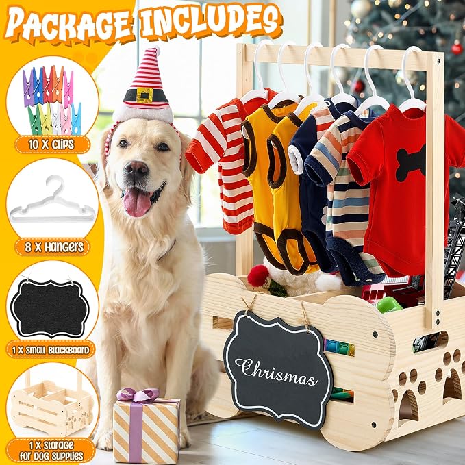 Wooden Dog Wardrobe Closet 20"x15"x9" Pet Goose Outfit Toy Storage Basket Crate with Hanging Rod Bone Shape Organizer Closet for Dog Toy Clothes Accessories with 8 Hanger 10 Clip 1 Small Blackboard