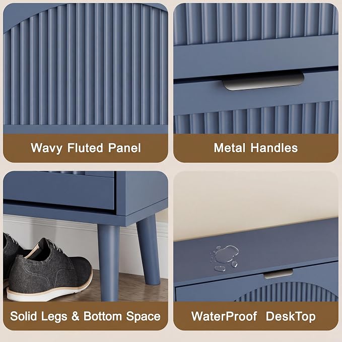 Shoe Storage Cabinet with 2 Flip Drawers, Narrow Wood Shoe Organizer Cabinet with Fluted Panel, Slim Shoe Rack for Entryway, Freestanding Shoe Cabinet for Living Room, Hallway, Blue