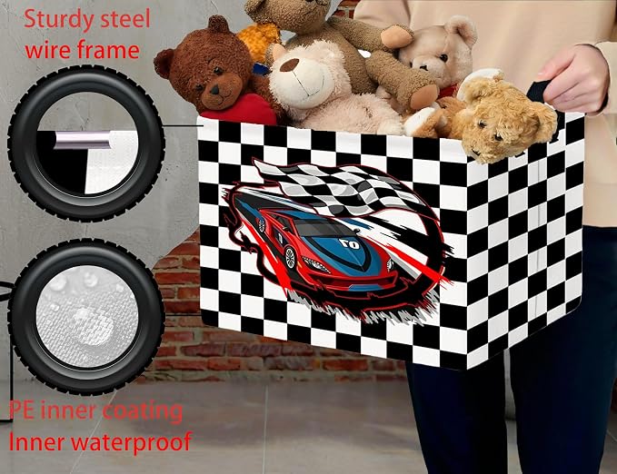 Large Boys Checkered Basket Canvas Kids Toy Storage Bin Nursery Baby Organizing Decor (Check Racing Car)