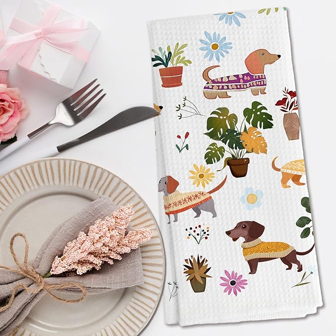 Dachshund Kitchen Towels, Boho Botanical Weiner Dog Dish Tea Towels, Weiner Dog Dachshund Gifts for Women, Dachshund Hand Towels for Kids Bathroom Kitchen Decor, 16x24 Inch