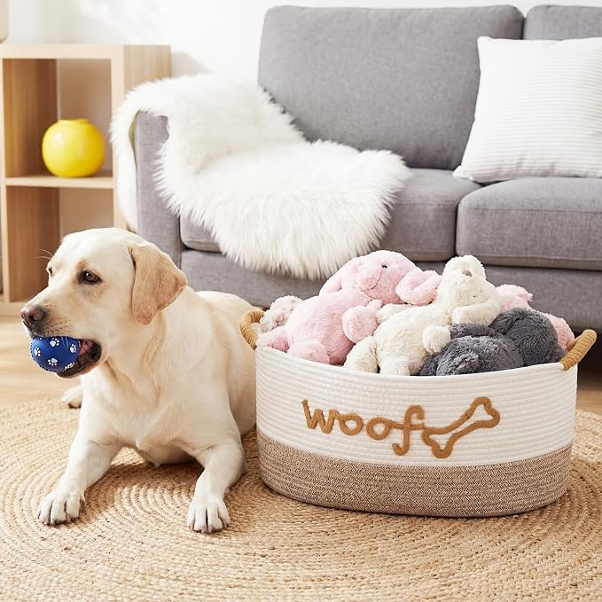 Zhehao Dog Woven Toy Basket with Handles, 19 x 11 x 9 in, White Flaxen | Cotton Rope Dog Toy Storage Bin, Pet Basket with Woof Bone Embroidery, for Puppy Bone & Blankets