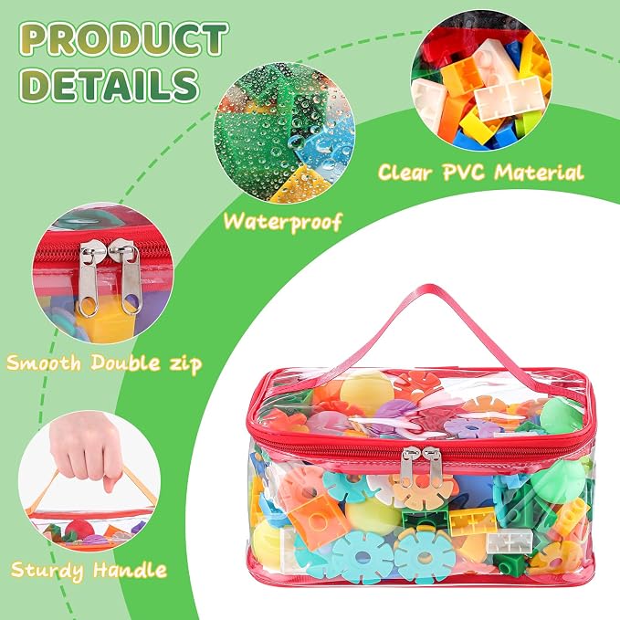 6 Pack Clear Toy Storage Bags, PVC Waterproof Toy Organizer, Colorful | Waterproof PVC, Transparent View, Reusable Zip Bags, Label Tags, for Blocks, Puzzles, Board Games, Travel and Home Storage