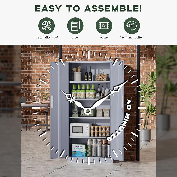 Greenvelly Metal Storage Cabinet,72" Locking Metal Garage Storage Cabinet with Doors and 4 Adjustable Shelves, Lockable Steel Cabinet for Home Office, Garage, Shop, School (Dark Grey 32" W x 16" D)