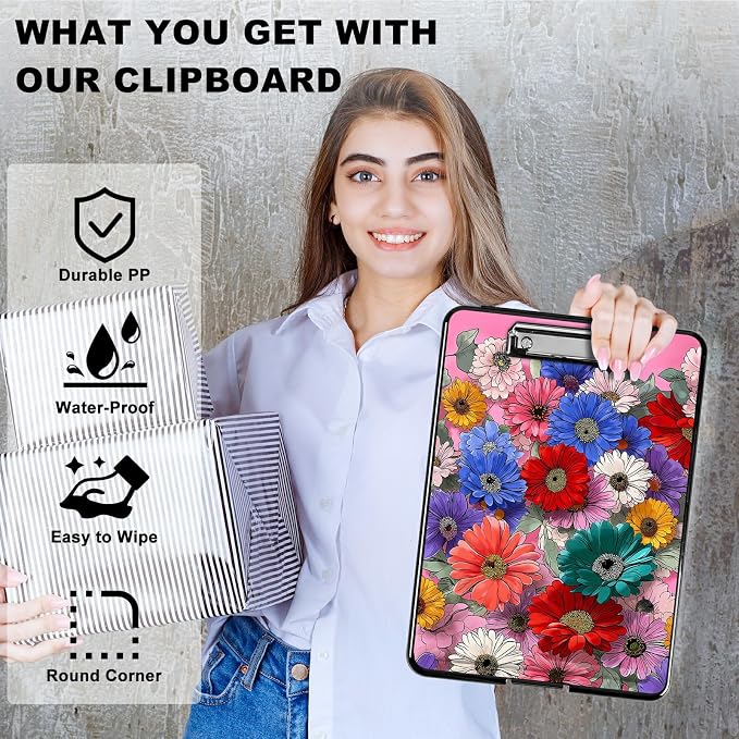 Heavy Duty Storage Clipboard, Slim Nursing Clipboard with Internal Pen Case, Portable File Organizer Case for A4 Letter Size Paper Office Medical Professionals, Wildflower Pink