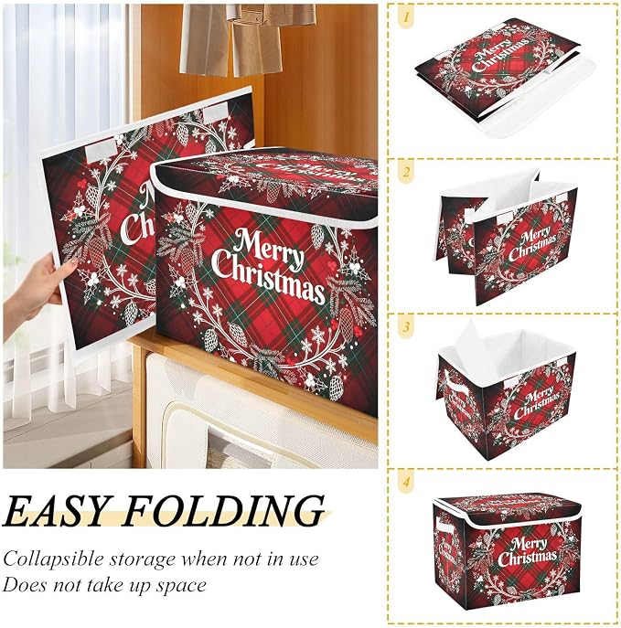 senya Christmas Storage Baskets Christmas Monogram Wreath Tartan Plaid | Collapsible Storage Bins with Lids Boxes Clothes Baskets for Organizing