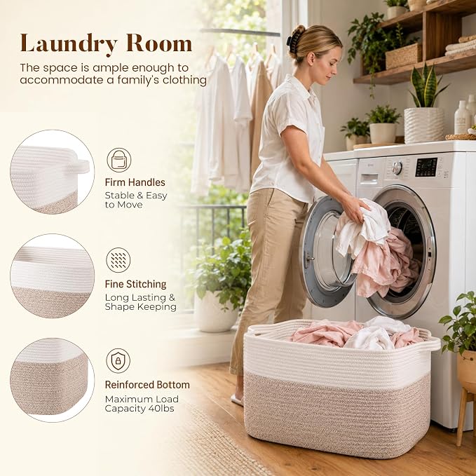65L Large Woven Blanket Basket for Living Room, 19.7"x15.7"x11.8" | Nursery Laundry Hamper with Handle for Organizing Blankets, Pillows, Toy Storage With Handle, Large Baskets for Organizing