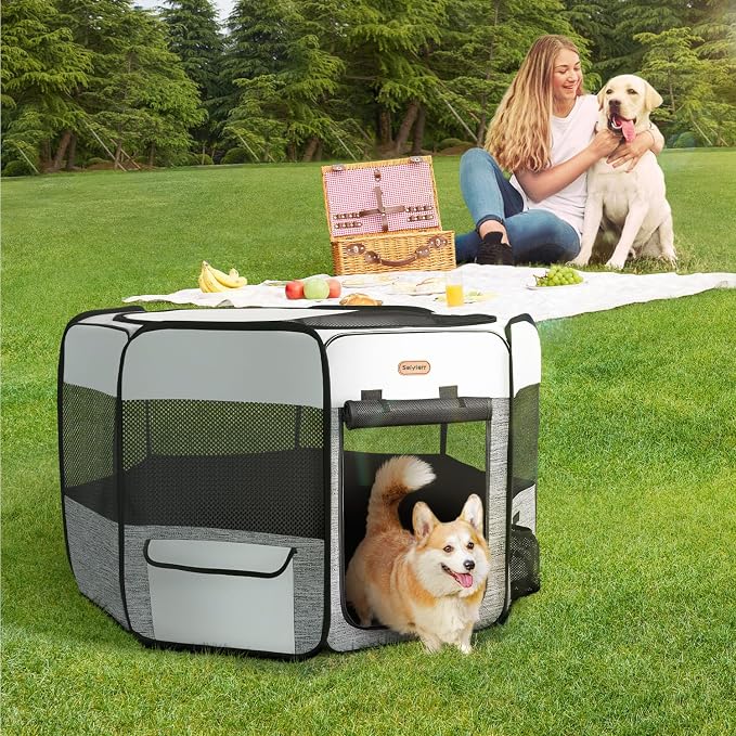 Seiyierr Dog Playpen, Portable Pet Play Pen Foldable Carrying Case, Puppy Pens Outsid for Small Cat Indoor/Outdoor, Removable Mesh Shade Cover