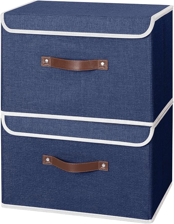 ANMINY Fabric Storage Box Bins with Lids, Blue, 15"x10"x10", 4 Pack | Keepsake Memory Storage, Cotton Linen, PP Board Reinforced, Washable, PU Handles, Foldable & Stackable, Decorative, Large